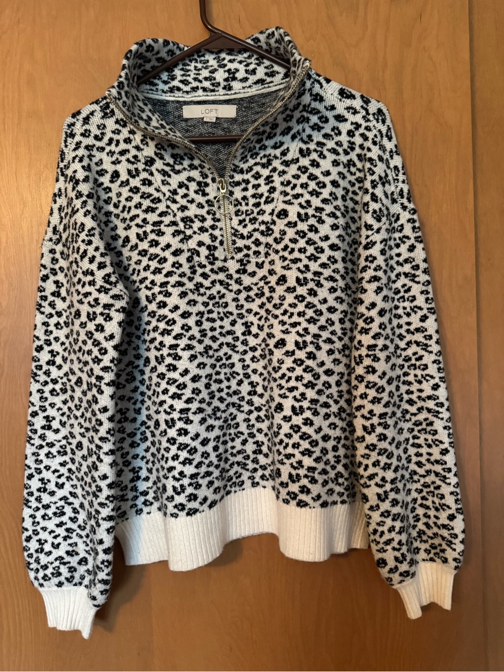 LOFT Cream and Black Leopard Quarter-Zip Turtleneck Sweater